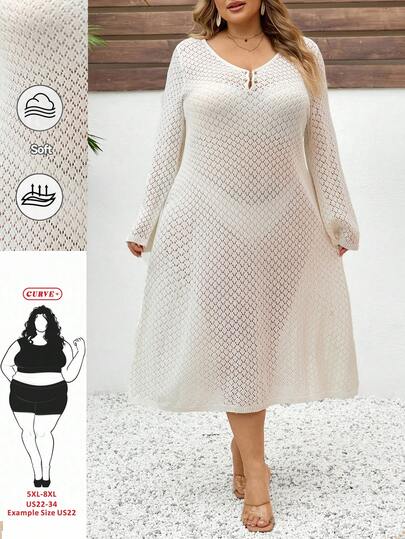 SHEIN CURVE+ Plus Size Women Solid Color Crochet Hollow Out Vacation Dress