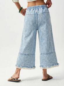 Bohemela Quần jeans nữ màu trơn, cạp chun, túi xéo, phối ren. - Rửa trung bình - Xem 3