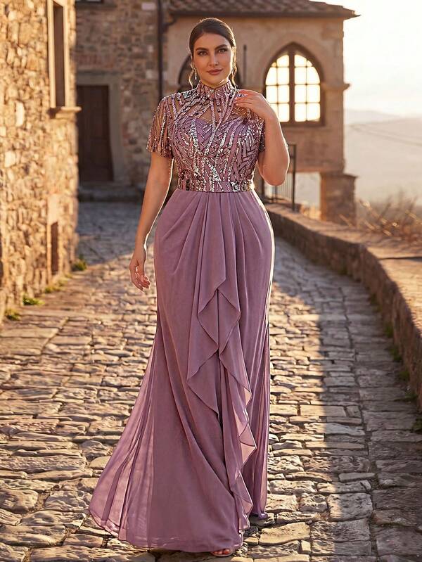 Serin Vestido de gala elegante y romántico de talla grande con cuello redondo, aplicaciones, lujosas cuentas, gasa fruncida en la cintura, volantes y bajo de sirena con cola para la madre de la novia (diseño intrincado), en tonos gris-púrpura