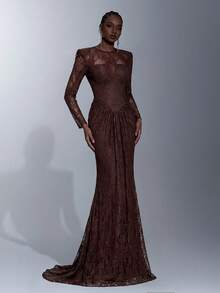 Elitara Elegant 3D Lace Round Neck Wide Shoulder Padded Sheer Long Sleeve Waist Ruched Fishtail Hem Backless Dress For Formal Weddings - Coffee Brown - View 6