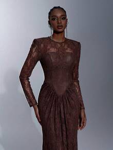 Elitara Elegant 3D Lace Round Neck Wide Shoulder Padded Sheer Long Sleeve Waist Ruched Fishtail Hem Backless Dress For Formal Weddings - Coffee Brown - View 8