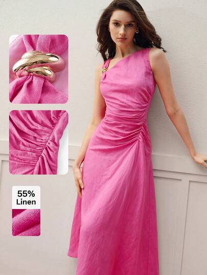 MOTF PREMIUM Gerafftes asymmetrisches Hals Midi-Kleid