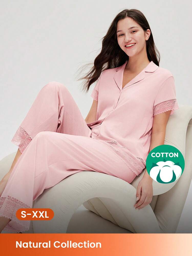 Sommer Damen atmungsaktiver 100% Baumwolle Nebel Wald Stil rosa-lila Spitze Eleganz Besatz Braut Wäsche Kurzarm Knopf-Oberteil & Hose luftige Loungewear Pyjama Set Hose mit Taschen Lingerie romantisches Zuhause gemütliches Baumwoll-Pyjama