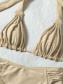 Women's Elegant Casual Vacation Halter Bikini Set, Handmade Rope Island Pool Party Swimsuit - Beige - View 6