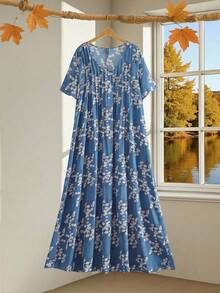 EMERY ROSE Plus Ditsy Floral Long Summer Dress With Sleeves Half Button Maxi Dress - Blue - View 6