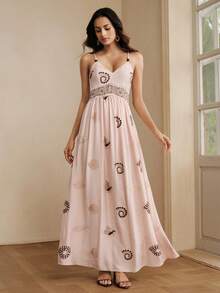 Anewsta Đầm nữ mùa hè màu hồng nhạt thêu ren họa tiết vỏ sò, thắt eo. - Màu Hồng baby - Xem 5