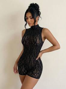 Sirith 2026新款女士黑色镂空针织弹力短款连体裤 - 黑色 - 查看 1