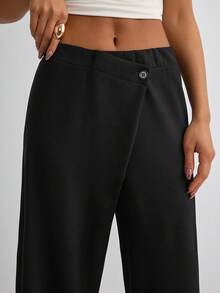 Damen einfarbige minimalistische Weite Hose, lässiger Alltags-Tragekomfort - Schwarz - Übersicht 5