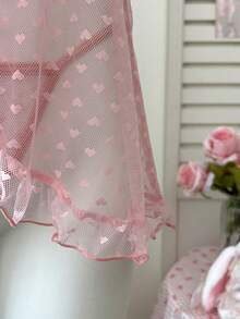 2pcs Set Romantic French Style Pink Lace Patchwork Polka Dot Ruffle Hem Sexy Slit Babydoll Dress For Going Out - Pink - View 4