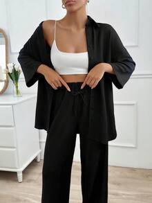 SHEIN Tall Tall Size Women Casual Soid Color Two Pieces Pant And Top For Everyday Wear - Black - View 4