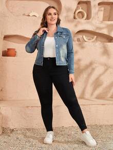 Plus Size Women's Casual Daily Commute Versatile Flap Pocket Denim Jacket, Spring/Autumn - Blue - View 4