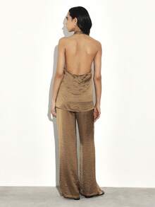 Women Halter Neck Cross Back Top Wide Leg Palazzo Pants Two Piece Coord Set Outfit Summer Lounge Casual Matching Set - Brown - View 2