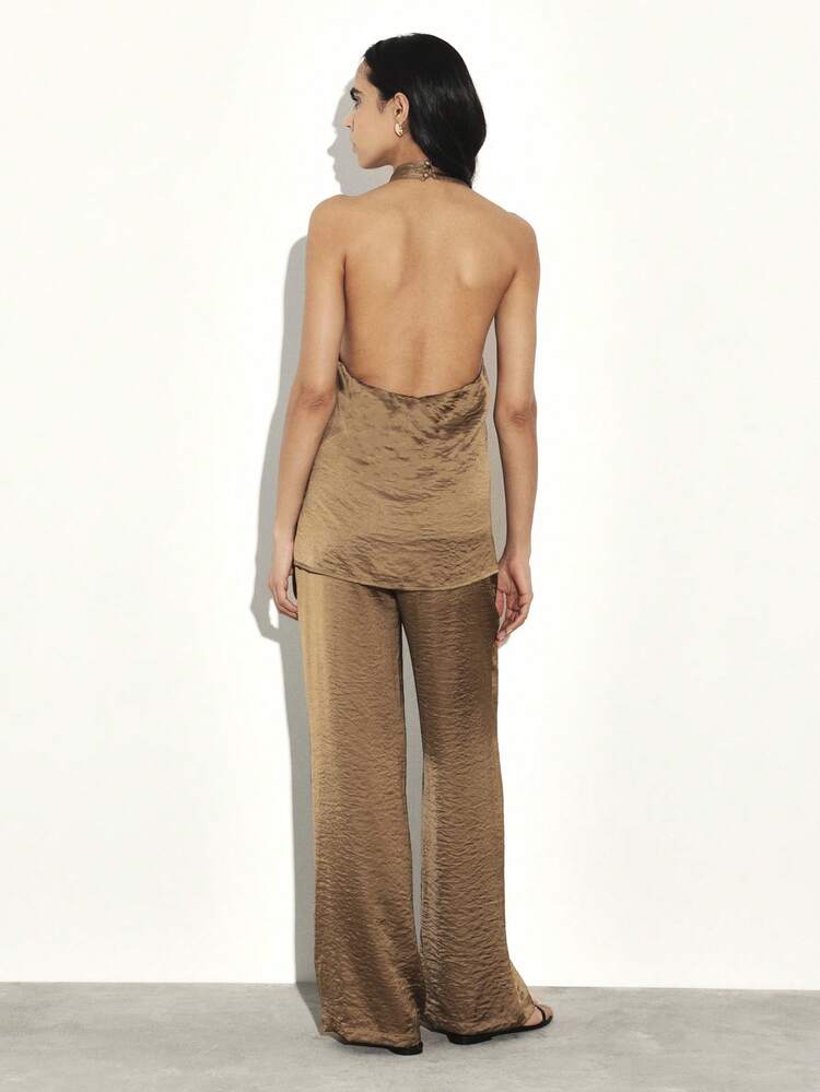 KSTM Women Halter Neck Cross Back Top Wide Leg Palazzo Pants Two Piece Coord Set Outfit Summer Lounge Casual Matching Set