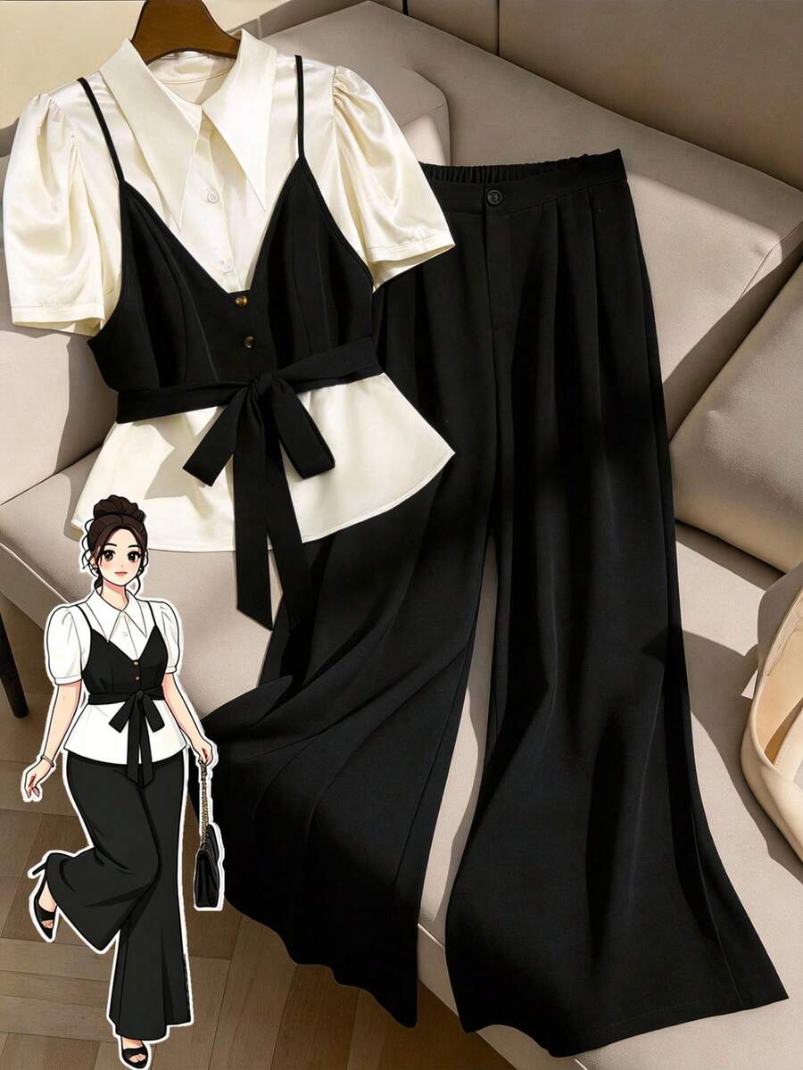 GlowEve CURVE Plus Size Fashionable Commuter Color Block Shirt + Plus Size Fashionable Commuter Loose Fit Pants Sumeroutfit - Coffee Brown - View 1