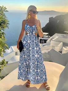 Vivid Eden Vestido retro de estampado blanco y azul para mujer, atuendo de vacaciones, atuendo de verano - Azul y blanco - Ver 3