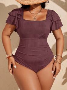 Swim Chiccia Maillot de bain une pièce avec manches à volants et pétales, grande taille - Prune - Voir 3