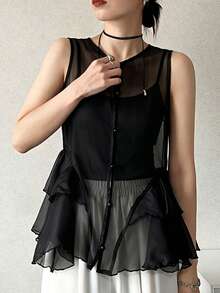 Women's Round Neck Open Front Mesh Patchwork Ruffle Hem Blouse - Black - View 2