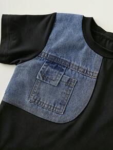 SHEIN 男婴牛仔拼接圆领T恤和牛仔裤两件套，休闲日常穿着 - 黑色 - 查看 5