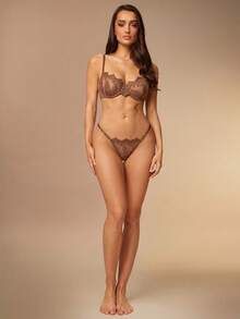 Silquee Women's Plant Embroidered Mesh Sexy Lingerie Set (With Underwire, Thong) - Coffee Brown - View 3