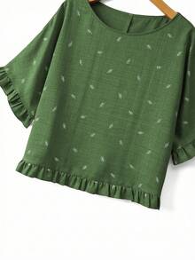 SHEIN EMERY ROSE CURVE 大码女式叶子刺绣图案圆领休闲百搭日常衬衫 - 軍綠色 - 查看 4