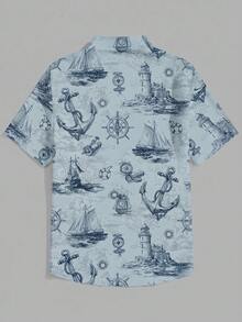 VIVINTIMO Men's Summer Vacation Anchor Print Button Front Short Sleeve Shirt, Holiday - Dusty Blue - View 4