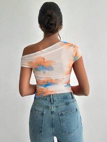 女士不对称肩部扎染印花褶皱不对称领口T恤上衣，印花上衣，不对称肩部上衣，春夏服装，沙滩装，通勤装，优雅，性感，度假装，海滩装，波西米亚风，夏威夷风情，音乐节装，浪漫装，约会装 - 杏色 - 查看 2