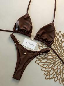Swim Vcay Burgundy Metal Ring Halter Crop Top & Bottoms 2 Pieces Swimwear, Suitable For Beach Vacation In Spring/Summer - Coffee Brown - View 2