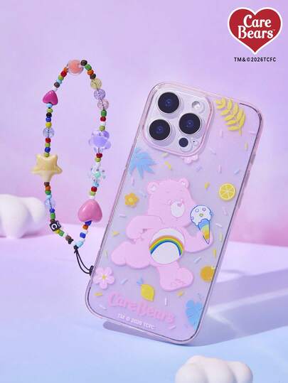 Care Bear X Joivida Rainbow Bear Transparent Pink Glitter Phone Case With Lanyard, Apple Phone Case IP H One 13-17 Series Fashionable Phone Case