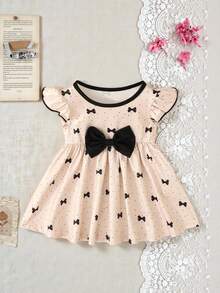 SHEIN Baby GirlApricot & Black Polka Dot Bow Print Dress With Cute Bow Decor - Apricot - View 4