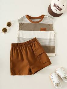 SHEIN 两件套男女宝宝休闲条纹背心T恤和工装短裤套装，男宝宝服装，男宝宝夏季服装，街头服饰 - 棕色 - 查看 6