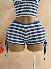 Soleia 女士春夏度假两件套：红白条纹撞色针织不对称露肩短款上衣和超低腰紧身短裤，适合派对、约会、海滩、邮轮、嘉年华、复活节等场合。 - 藍白色 - 查看 6