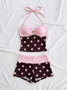 Soleia 女士夏季Y2K百搭休闲舒适针织波点拼接撞色露背迷你修身性感热辣上衣和短裤套装。适合度假、派对、约会、嘉年华、下午茶、海滩、邮轮、城市旅行、音乐节等多种场合。派对上衣、夏季上衣、女士夏季套装 - 彩色 - 查看 5