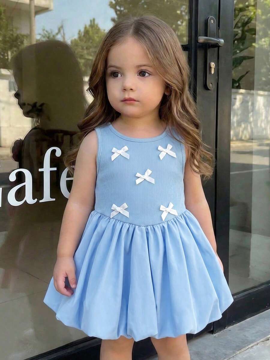 SHEIN Baby Girl Cute Bow Knit Sleeveless Romper, Blue, Summer - Blue - View 1