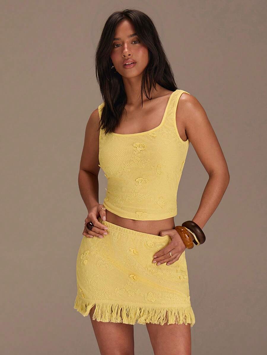 Athîral Women Square Neck Cropped Tank Top And Fringed Mini Skirt Casual 2 Pieces Set - Light Yellow - View 1