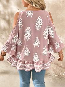 SHEIN LUNE Áo kiểu dáng rộng rãi, thoải mái, in họa tiết toàn thân, trễ vai, thắt nơ, tua rua, viền bèo nhún, thích hợp cho kỳ nghỉ. - Bụi hồng - Xem 2
