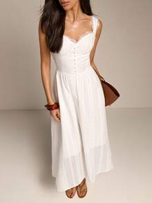 Women's Elegant Spaghetti Strap Deep V-Back Lace Midi Dress, A-Line, Suitable For Spring/Summer Outings, Weddings, Wedding Guests - White - View 5