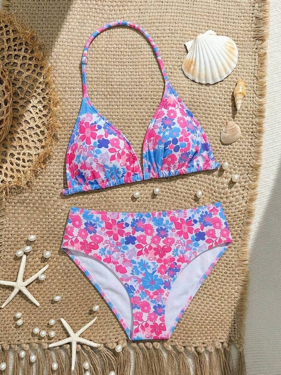 SHEIN 少女比基尼套装,挂脖碎花针织面料泳衣,两件式三角比基尼,时尚休闲优雅女士泳装,适合游泳、夏季度假、海滩、泳池。粉色碎花比基尼,青少年碎花泳衣,两件式粉色碎花泳装,青少年两件式泳衣。 - 橘色 - 查看 1