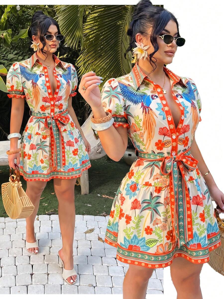 SHEIN SXY 波西米亚热带印花前扣A字连衣裙 - 彩色 - 查看 1