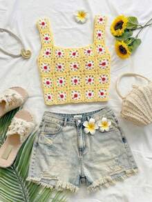 Women's Casual And Cute Y2K Hand-Crocheted Totem Pattern Yellow Camisole Vest Top, Suitable For Summer Outings, Music Festivals, Country Concerts, Beach Holidays And Daily Street Wear. - Yellow - View 2
