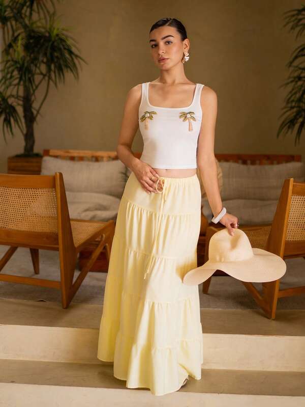 Andrea Bello Camiseta ajustada de escote cuadrado con decoración de cristal para vacaciones de verano en la isla, estilo italiano
