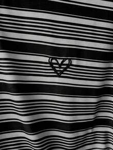 Teen Girls' Casual Versatile Sweet Pink Striped + Heart Embroidery Graphic Round Neck Regular T-Shirt - Black - View 4