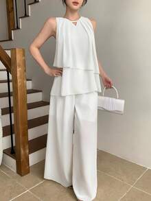 DAZY Bộ đồ hai mảnh dành cho nữ, gồm áo hai dây xếp tầng bồng bềnh và quần ống rộng, kiểu dáng nghỉ mát, thích hợp cho mùa xuân/hè. - Màu Khaki - Xem 2