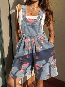 女士宽松版型全印花牛仔连体裤和背带裤 - 藍色 - 查看 3