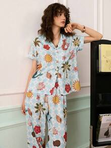 Chillnights Vacation Style Printed Top And Pants Pajama Set - Baby Blue - View 5