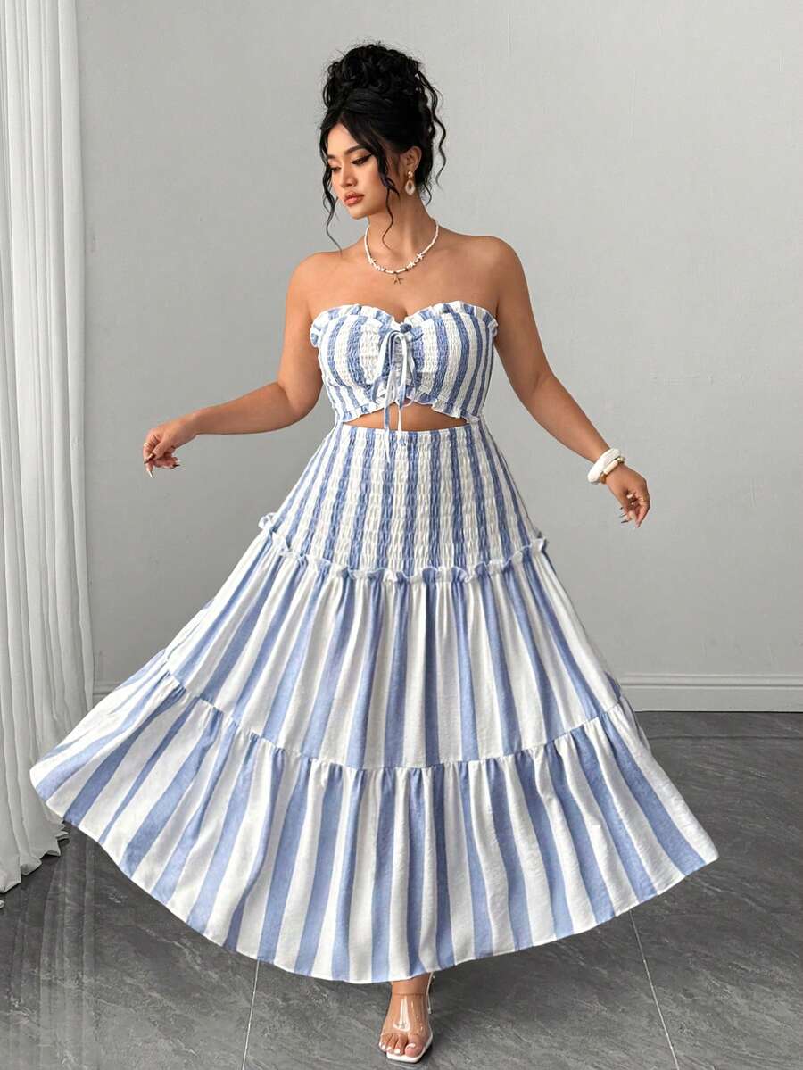 Elenzga Plus Size Elegant Blue And White Striped Strapless Bodycon Dress - Blue - View 1