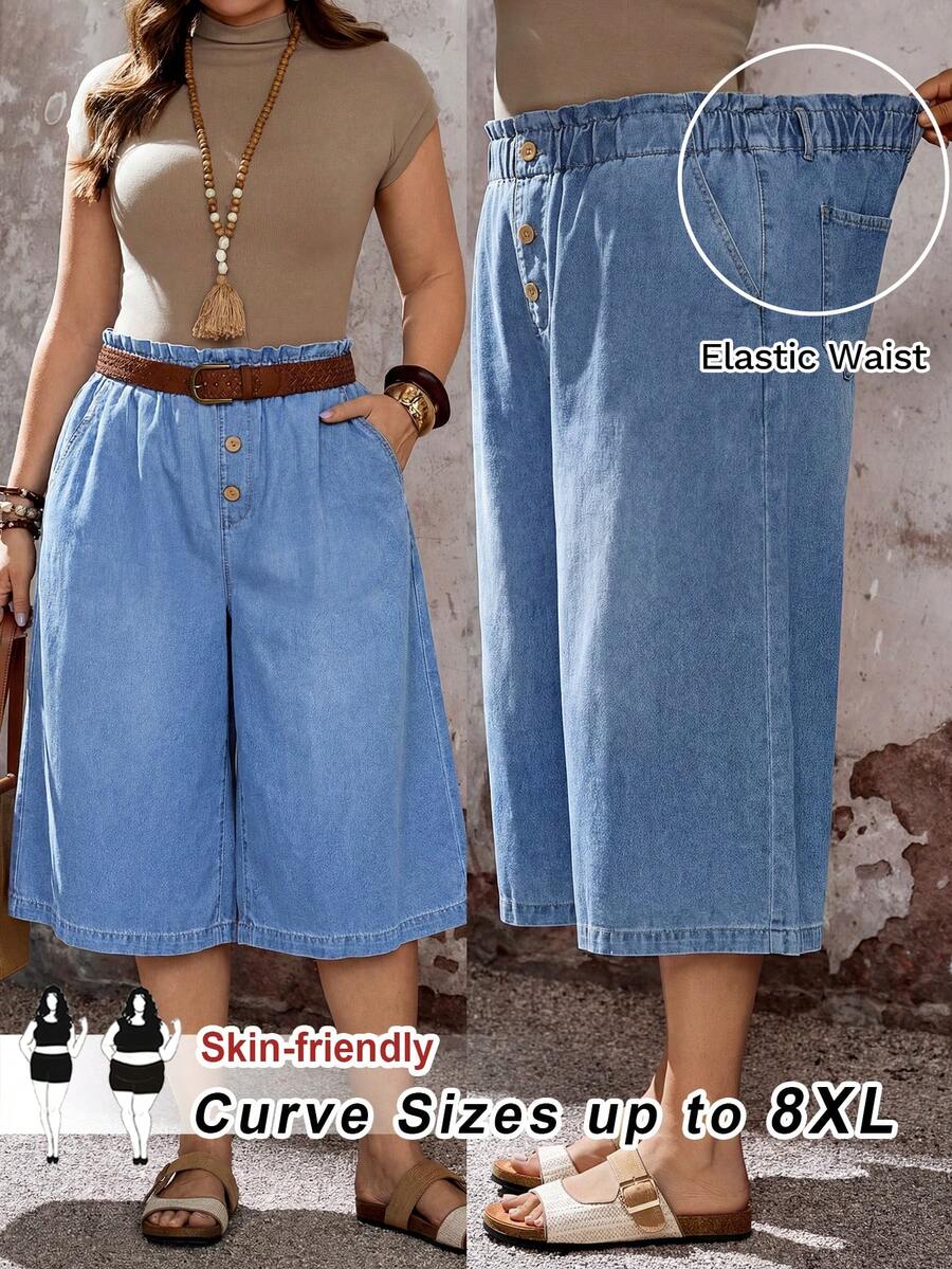 SHEIN CURVE+ 大码纯色极简日常牛仔裤,夏季嘉年华服装通勤度假毕业时尚Y2K可爱街头风性感派对婚礼优雅商务休闲女士商务海滩毕业典礼女士做旧牛仔百慕大短裤带口袋高腰宽松版型日常穿着 - 藍色 - 查看 1