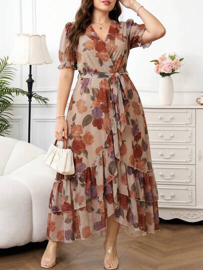 Reflora Vestido de moda con cuello en V, estampado floral y volantes para mujer de talla grande
