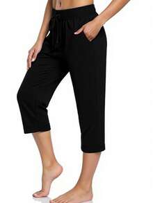 INAWLY 女士休闲弹力腰裤，度假风 - 黑色 - 查看 1