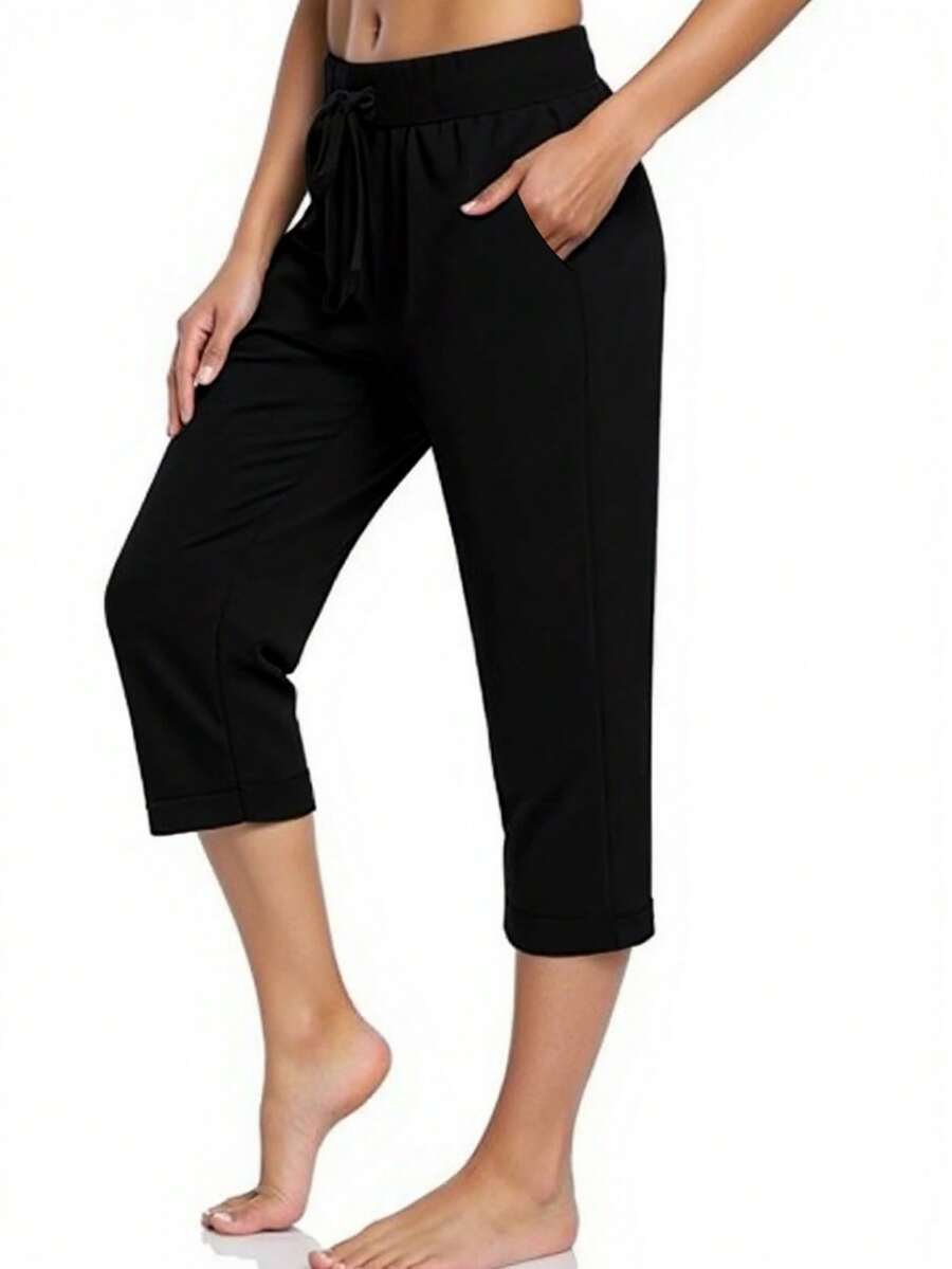 INAWLY 女士休闲弹力腰裤，度假风 - 黑色 - 查看 1