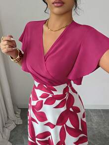 Elenzga 女士优雅酒红色叶子图案褶皱短袖修身连衣裙，春夏款 - 玫紅色 - 查看 6
